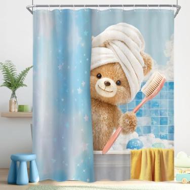 Imagem de Riyidecor Cortina de chuveiro de urso engraçada 152 cm L x 182 cm Linda infantil desenho animado azul banho animal banheira bolhas escova de dentes moderna para meninos meninas decoração de banheiro