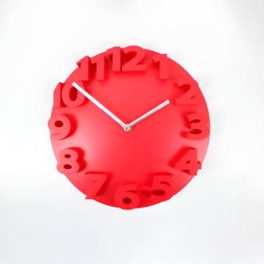 Imagem de Relógio de Parede 3D com Números em Alto Relevo, Vermelho, 30cm Diâmetro, Design Moderno Minimalista
