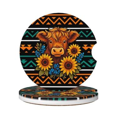 Imagem de FeHuew 2 peças azul floral vaca highland girassóis porta-copos de cerâmica carro universal antiderrapante absorvente dedo entalhe conjuntos para bebidas decoração de automóveis