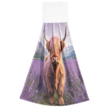 Imagem de Joitme Toalhas de mão fofas de vaca Highland com laço para pendurar toalha de forno ultra absorvente moderna decoração de cozinha conjunto de 2, 45 x 35 centímetros
