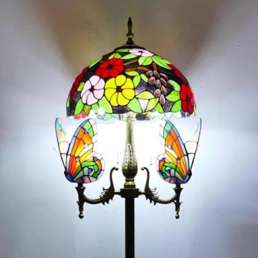 Imagem de Luminária de chão Tiffany com decoração natalina, libélula, borboleta, rosa, uva e chapéu barroco [5 lâmpadas][40,6 cm L x 165 cm A] Luminária de leitura de vitral para sala de estar e quart