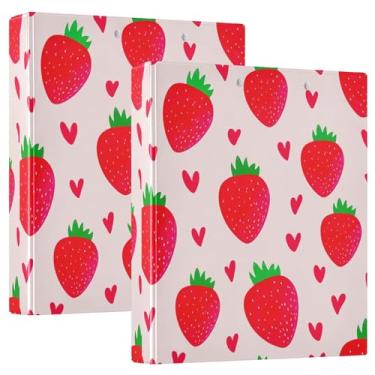 Imagem de Fichários personalizados de 3 anéis de 3 anéis de morangos vermelhos com corações rosa de 1,5 polegadas comporta 200 folhas, anel redondo, 31,5 x 27 x 6 cm, pacote com 2