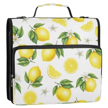 Imagem de Bolsa organizadora de fichário com zíper branco, limões amarelos em aquarela, com alça, 3 anéis D, 3 anéis, porta-pastas para escola, escritório, viagens