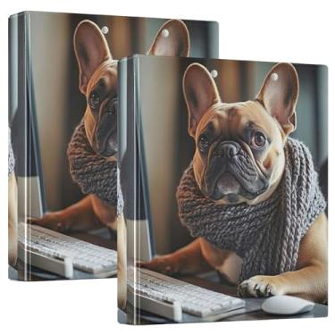 Imagem de Fichários personalizados fofos para trabalho de buldogue francês de 3 cm, 3 anéis, 200 folhas, portfólio, anel redondo, fichário de escritório, 31,5 x 27 x 6 cm, pacote com 2