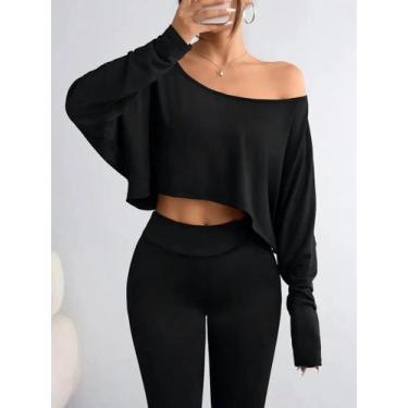 Imagem de Blusa Casual Esportiva Feminina Preta De Manga Longa Sem Alças Com Dec