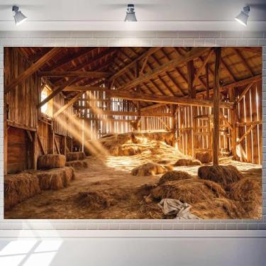 Imagem de Atlastrip Cenário de presépio de celeiro para fotografia, interior de 35 x 20 m, fardos de palha e palheiro, fundo de casa de fazenda, decoração de festa de Natal, adereços de sessão de fotos para