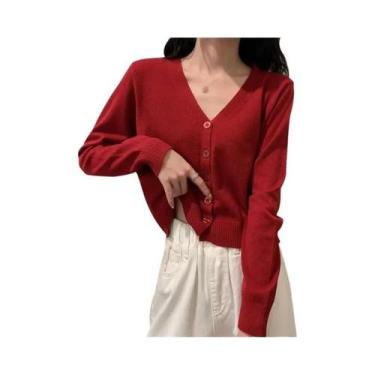 Imagem de Cardigan Feminino De Manga Longa Com Decote Em V, Cropped, Botões, Tri