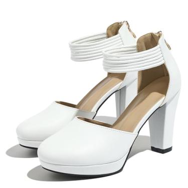 Imagem de Lyngixko Sapatos femininos fechados com salto plataforma e tira no tornozelo, Branco, 40