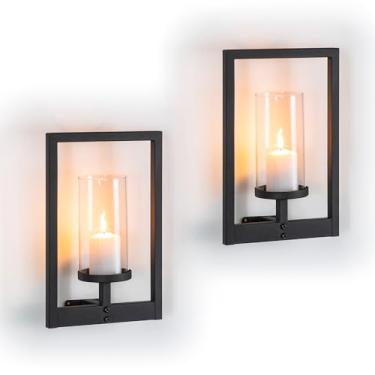 Imagem de Walasis Conjunto de 2 arandelas de decoração de parede: castiçais de furacão de metal para velas de pilar - Arandelas pretas estilo morden decorações de moldura para sala de estar, banheiro, quarto