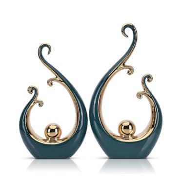 Imagem de LCCCK Estátua de cerâmica para decoração verde e dourada brilhante, arte de escultura abstrata moderna para centro de mesa de luxo - Prateleiras de livros e decorações de mesa de jantar, suporte de TV