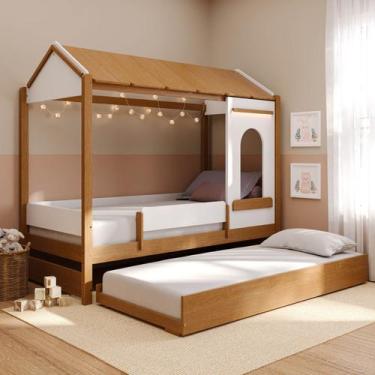 Imagem de Bicama Casinha com Janela Led e Grade de Proteção Aria Casatema Madeir