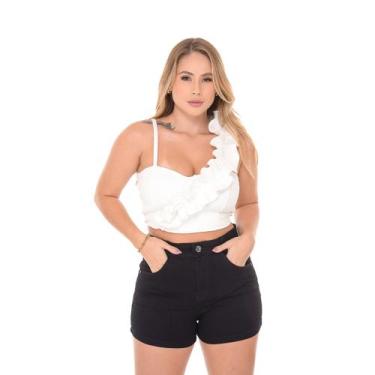 Imagem de Short feminino jeans premium preto barra costurada com bolso forro - S