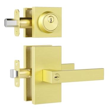 Imagem de Newlaking Conjunto de fechadura de porta externa de latão acetinado com fecho, maçaneta de porta de entrada contemporânea quadrada com fecho, fechaduras de entrada semelhantes com chave, fechadura de