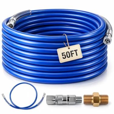 Imagem de Mangueira de pulverizador de tinta sem ar de 1,2 m com mangueira de chicote de 1,2 m, mangueira de spray de tinta de alta pressão 8500 PSI com junta giratória, camada externa de poliuretano durável