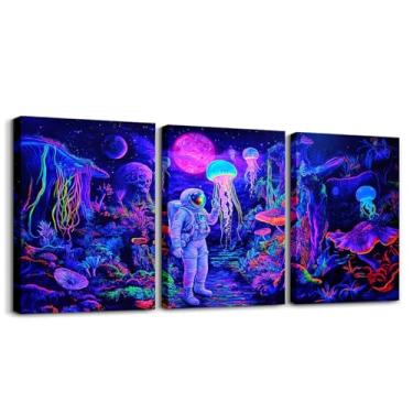 Imagem de Erosebridal Conjunto de 3 arte de parede em tela de astronauta do universo galáxia, cores neon, imagens de cogumelo hippie, decoração de parede, aquarela, água-viva, criaturas do oceano, pôster, para