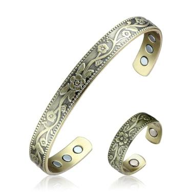 Imagem de BioMag Pulseira magnética e anel de drenagem linfática para mulheres e homens, pulseira de cobre 99,99% puro e anel com 3500 ímãs Gauss, tamanho ajustável, padrão floral de videira