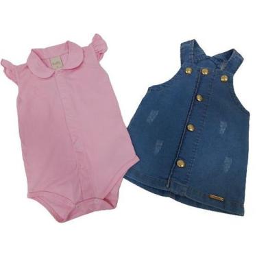 Imagem de Kit Macacão Jardineira Jeans + Body Luxo Bebê Menina 2498 - Katita Kid