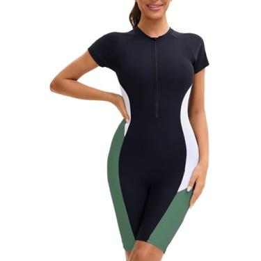 Imagem de Maiô feminino de manga curta com pele de mergulho FPS 50+ estampa Rashguard, verde, PP