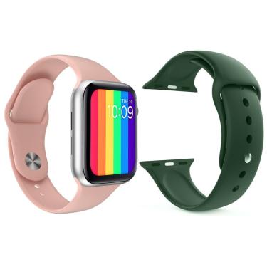 Imagem de Kit 1 Smartwatch Iwo12 Lite Rosa + 1 Pulseira Verde Escuro