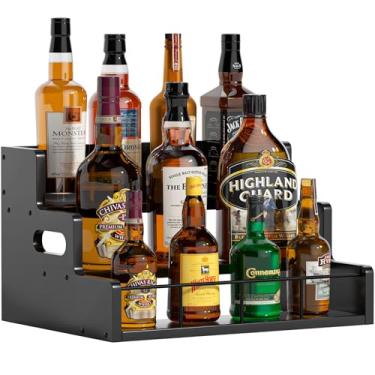 Imagem de Yelinkws Prateleira de exibição de garrafa de licor, organizador de xarope de madeira, organizador de bancada de 3 degraus, suporte de vinho, acessórios rústicos para estação de café para xarope