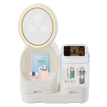 Imagem de Estojo de cosméticos organizadores para cuidados com a pele com espelho, luz LED e ventilador, armazenamento de maquiagem, pincel, batom, cuidados com a pele, perfume, caixa organizadora de maquiagem