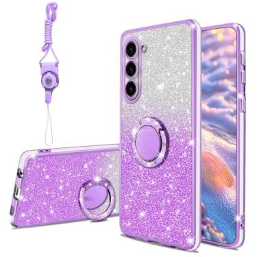 Imagem de Capa de telefone compatível com Samsung S23 (2023) para meninas e mulheres linda brilhante TPU transparente à prova de choque capa protetora e suporte de anel e alça, roxo claro