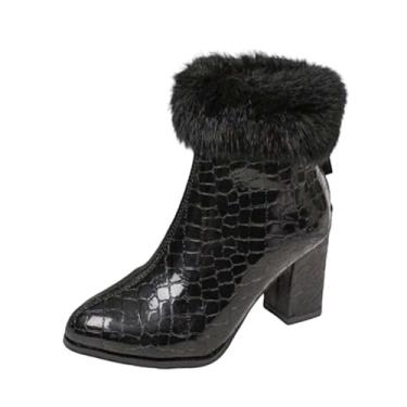 Imagem de Botas femininas modernas forradas com lã plus size para o inverno, casuais, confortáveis, curtas, bico fino sólido, zíper nas costas, salto médio, Preto, 34