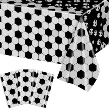 Imagem de Pacote com 3 toalhas de mesa de festa de futebol, decoração de festa temática esportiva, toalha de mesa de plástico descartável preto e branco para celebrações de dia de jogo, fãs, eventos esportivos