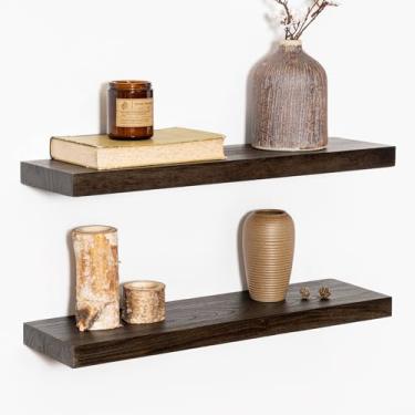 Imagem de Prateleiras flutuantes rústicas de 61 cm de comprimento, prateleiras flutuantes de madeira sólida de olmo para parede, prateleiras de armazenamento montadas na parede para sala de estar, quarto
