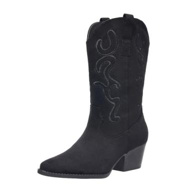 Imagem de Bplangat Botas de cowboy para mulheres, cowgirl, meio da panturrilha, estilo ocidental, bordadas, salto grosso, botas modernas, tamanho 34-42, Preto, 34