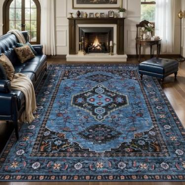 Imagem de Tangsoo Tapete de área azul 15 x 23 cm lavável para sala de estar, tapete de área grande antiderrapante para interior oriental, tapete antideslizante estampado, tapete macio e dobrável para quarto