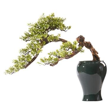 Imagem de Bonsai artificial para interior grande, árvore de bonsai artificial esculpida em raiz de madeira, decoração de bonsai com vaso de cerâmica, ornamentos criativos de plantas falsas para casa, escritório