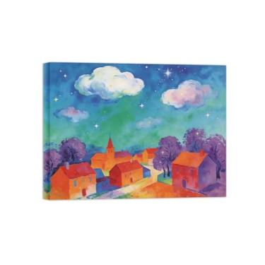 Imagem de BMZFYBS Impressão em tela de arte de parede de paisagem - Nuvens vermelhas da vila - quadros de pintura de decoração para sala de estar pronta para pendurar tela embrulhada 40 x 50 cm 16 x 20 pol