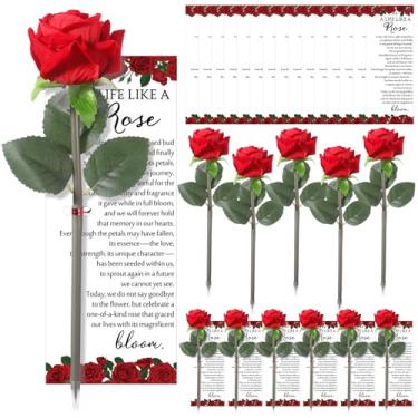 Imagem de Sayglossy Conjunto de 15 conjuntos de lembrancinhas de funeral com canetas rosa para convidado de serviço memorial com cartão Life Like a Rose para celebração da vida, decorações para festas
