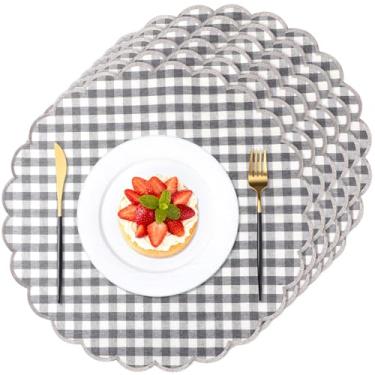 Imagem de Gandeer Conjunto de 6 jogos americanos redondos de linho de algodão de 38 cm com bordado recortado lavável em camadas duplas tapete de mesa de jantar rústico tecido decorativo para hotel restaurante