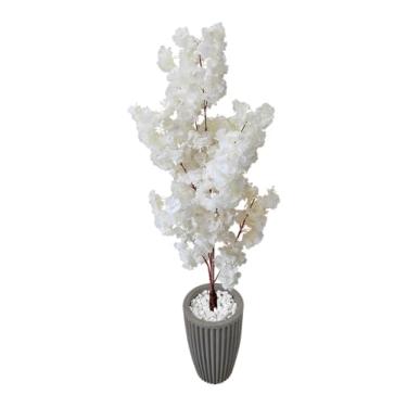 Imagem de Planta Artificial Cerejeira Japonesa Branca Vaso 3D Polietileno Decoração (Coluna Cinza)