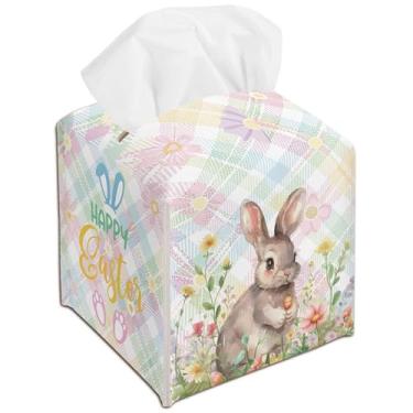 Imagem de Porta-lenços de papel Coelhinho da Páscoa - Capa de caixa de lenços de papel xadrez colorida organizador decorativo para banheiro, cozinha, quarto, carro, bancada, mesa de cabeceira - decoração de