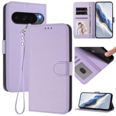 Imagem de Capa carteira para Google Pixel 9 Pro XL, capa fina de couro com compartimentos para cartões, alça de pulso e suporte, capa protetora à prova de choque para homens e mulheres (roxo claro)