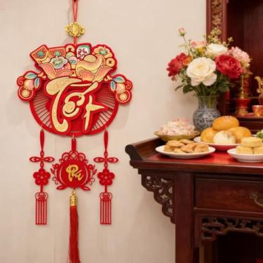 Imagem de KYMY Enfeite para pendurar ano novo vietnamita de 2026, decoração de ano novo lunar asiático 26,7 x 11,4 polegadas, pingente de prosperidade da sorte cavalo do zodíaco para decoração de casa