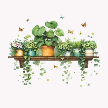 Imagem de Achang Adesivos de parede de plantas Pothos Prateleira de plantas em vaso Borboleta Vidro Janela Adesivo de Parede Descasque e Cole para Sala de Estar Quarto TV Parede Decoração de Sala de Aula