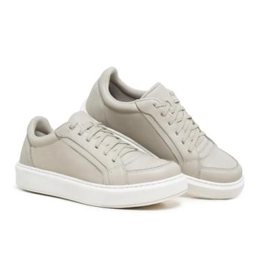 Imagem de Tênis Casual Masculino 100% Couro Legítimo Sneaker Sola Costurada Palmilha Gel Confortável (Bege, BR, Adulto, Numérico, 45)