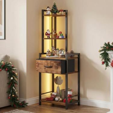 Imagem de VonDream Suporte de prateleira de canto de 5 camadas com luzes LED e gaveta de tecido - organizador de armário de canto independente marrom rústico para sala de estar, quarto, escritório