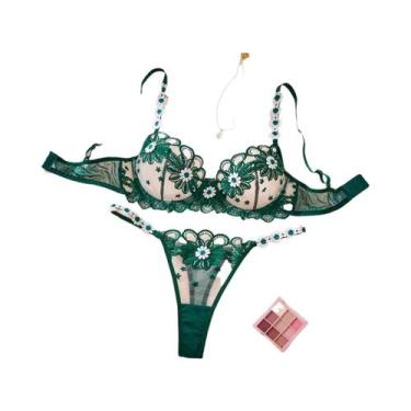 Imagem de Conjunto De Lingerie Sexy Com Padrão De Crisântemo Verde Confortável P
