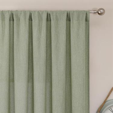 Imagem de Simplebrand Cortinas de cozinha de café com textura de linho sintético curto verde sálvia 91 cm de comprimento, 2 painéis, painéis de filtragem de luz semitransparentes sobre a pia, cortinas de bolso