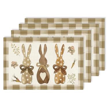 Imagem de Jogo americano Happy Easter Bunny Conjunto de 4 tapetes de mesa xadrez de búfalo sazonais de 30 x 45 cm para casa, cozinha, jantar, festa, decoração interna ao ar livre CD47