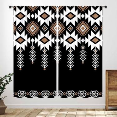 Imagem de Cortinas astecas ocidentais, boho padrão abstrato do sudoeste geométrico vintage preto branco padrão asteca cortinas de tratamento para quarto, sala de estar, cozinha, 2 painéis, 132 x 213 cm