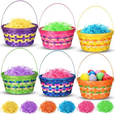 Imagem de Cinnvoice 6 cestas de vime de páscoa com alça e ráfia, cestas de tecido de caça aos ovos de páscoa a granel para piquenique, festa, presente de vime, armazenamento de primeira caça ao ovo do bebê