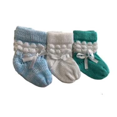 Imagem de Sapato Sapatinho de Lã Tricot Tricô Bebê Menino e Menina RN Maternidade cores sortidas Fita Cetim C/ 3 pares (Menino, BR, Bebê, Numérico, 0)