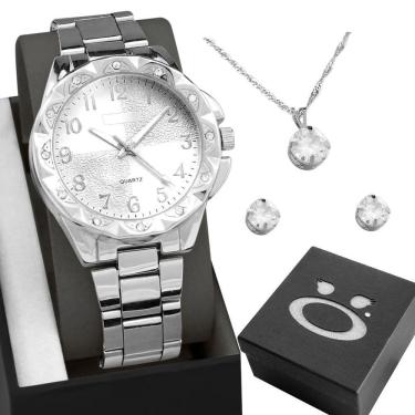 Imagem de Relogio Aço Feminino Prata + Caixa + Brincos Colar Strass Social Original Inoxidável Ponteiro Casual