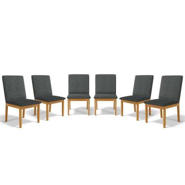 Imagem de Kit Com 6 Cadeiras Daniela Madeira Maciça Estofada Para Mesa De Jantar Linho Chumbo 406